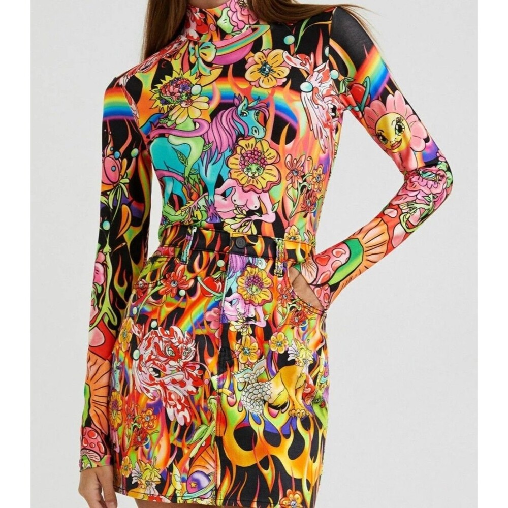 Desigual Womens Mesh Top Maria Escoté Mock Neck Multicolor Graffiti Graphic 0105